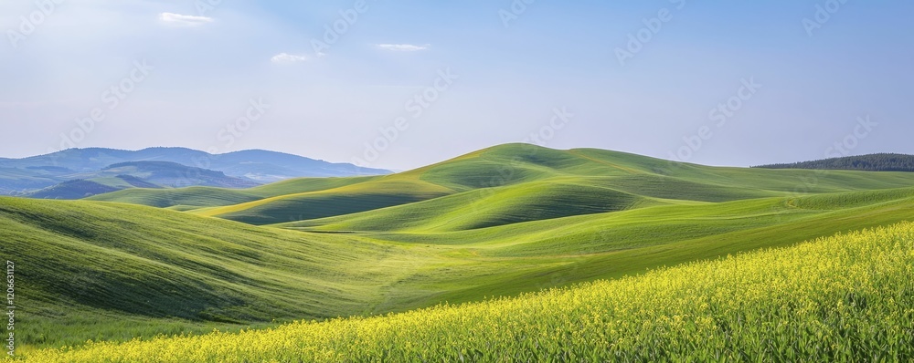 Obraz premium Sustainable agriculture practices with lush green fields and varied crops flourishing beneath a clear blue sky and gentle rays of sunlight.