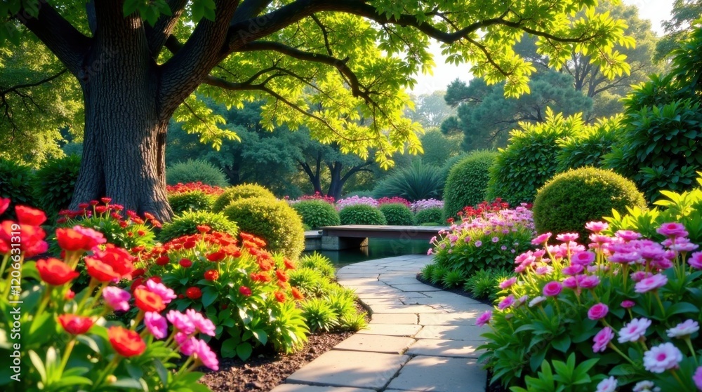 Fototapeta premium Serene Garden Pathway Winding Through Vibrant Blossoms and Lush Greenery Under the Shade of a Majestic Tree