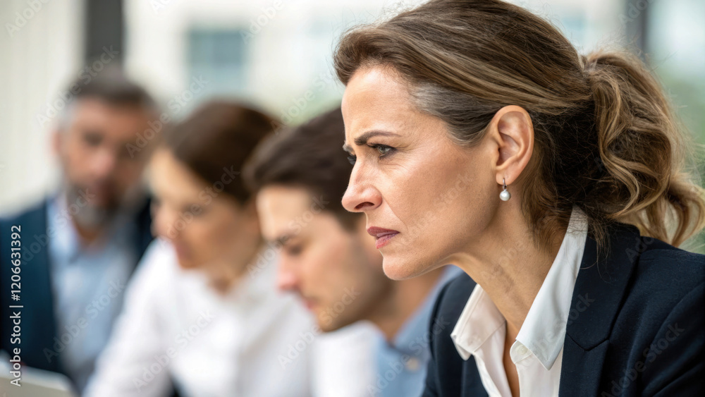 Focused businesswoman in meeting with colleagues, showing determination and engagement Focused businesswoman in meeting with colleagues, showing determination and engagement