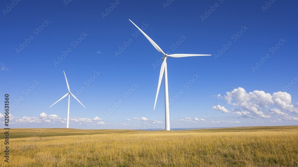 Wind turbines grace vast fields, spinning against a clear blue sky, showcasing sustainable energy and nature's perfect balance. Wind turbines grace vast fields, spinning against a clear blue sky, showcasing sustainable energy and nature's perfect balance.
