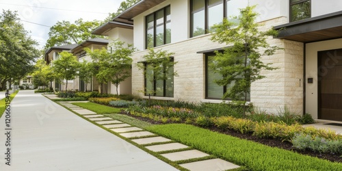 Wallpaper Mural Water-efficient landscaping surrounding minimalist homes with natural stone facades, highlighting sustainable practices in residential architecture. Torontodigital.ca