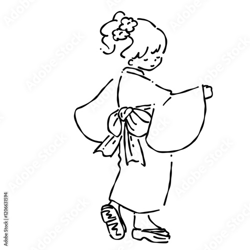 浴衣を着た女の子＿線画
