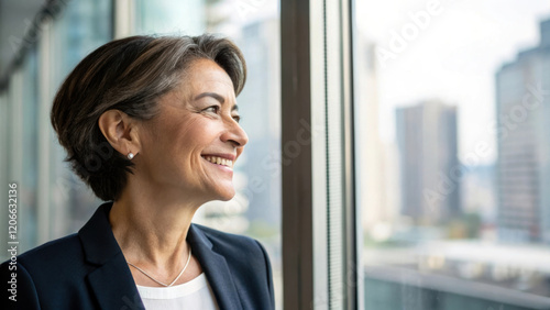 Free Download Smiling woman looking out window at city skyline, exuding confidence and positivity - GFXLoad