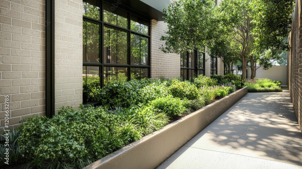 Fototapeta premium Community gathering space designed with inclusive features like braille signage and sensory gardens, promoting connection and engagement among diverse groups.