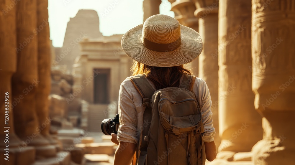 Adventurous Woman Exploring Ancient Egyptian Ruins Adventurous Woman Exploring Ancient Egyptian Ruins