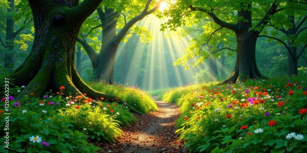 Obraz premium Serene Sunbeams Illuminating a Path Through a Lush Floral Forest, Creating a Tranquil and Magical Atmosphere