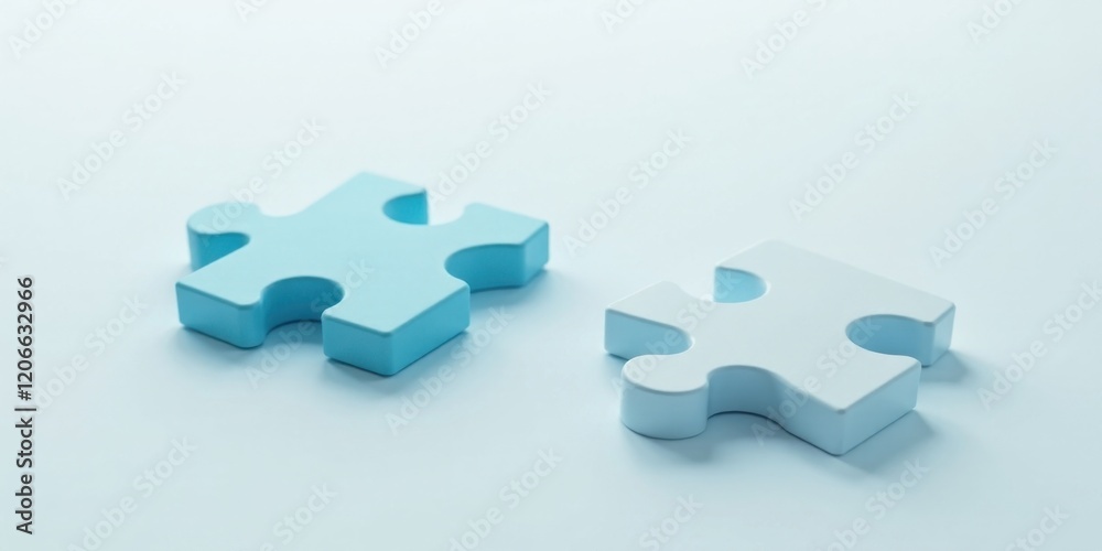 Two light blue puzzle pieces separated on a pale blue background representing a solution, connection, or collaboration