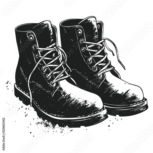 Pair of hiking boots with laces untied illustration footwear vintage vector