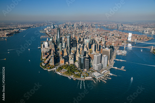 Panoramic Aerial View of Lower Manhattan with Iconic Skyline, Brooklyn Bridge, and Surrounding Rivers, New York City, Downtown Skyscrapers 