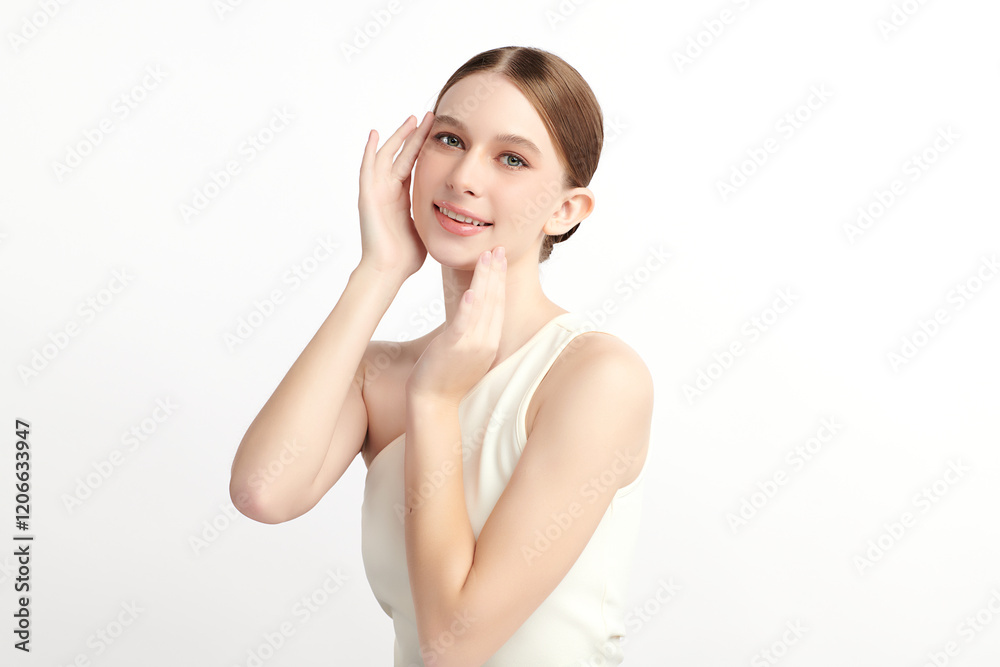Beautiful young woman with clean fresh skin on white background, Face care, Facial treatment, Cosmetology, beauty and spa, women portrait. Beautiful young woman with clean fresh skin on white background, Face care, Facial treatment, Cosmetology, beauty and spa, women portrait.