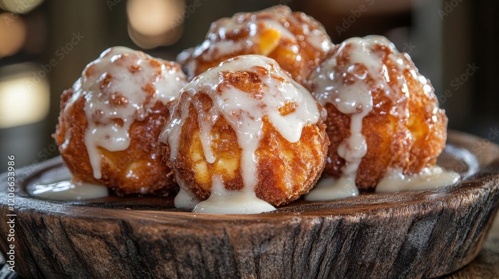Glazed donut holes on rustic wood platter, delicious sweet treat, perfect for breakfast or dessert menus. Glazed donut holes on rustic wood platter, delicious sweet treat, perfect for breakfast or dessert menus.