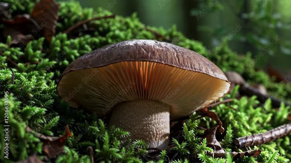 Exploring a Majestic Mushroom Growing on Lush Green Moss Footage Exploring a Majestic Mushroom Growing on Lush Green Moss Footage