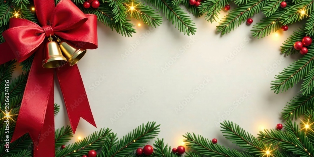 Festive Holiday Frame with Red Bow, Golden Bells, and Evergreen Branches Decorated with Berries and Lights Festive Holiday Frame with Red Bow, Golden Bells, and Evergreen Branches Decorated with Berries and Lights