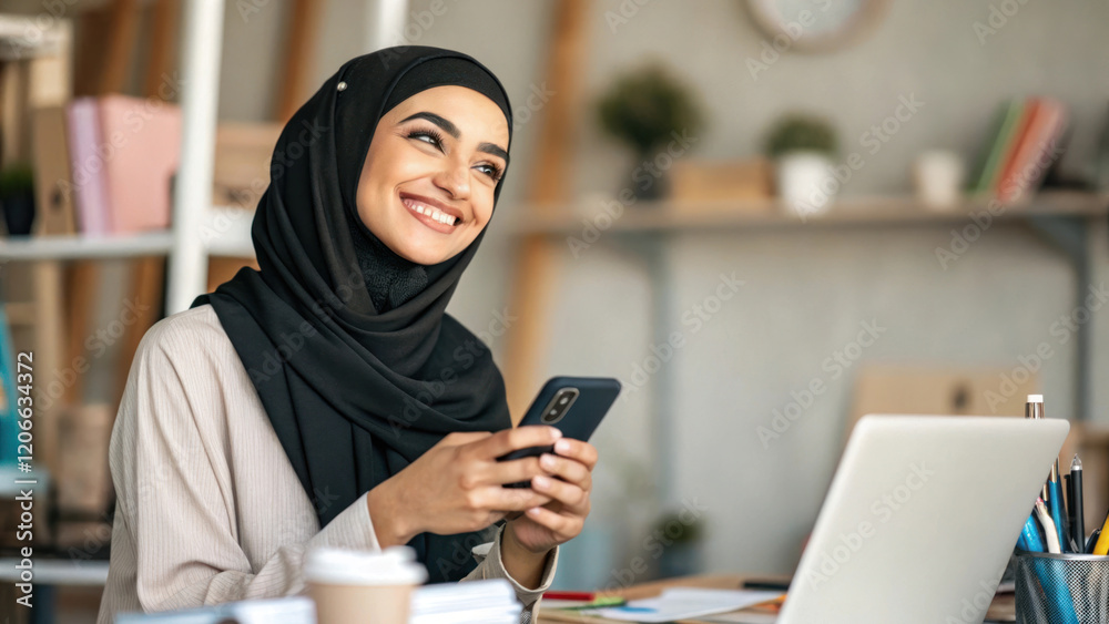 Empowered woman in hijab smiling while using smartphone at desk