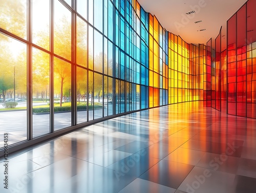 Modern building interior with colorful glass walls and autumnal view.