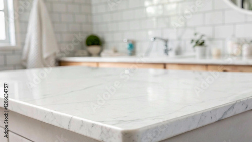 Empty white marble table top with blur tile wall bathroom background,spa, blank, clean, tabletop, countertop, design, top