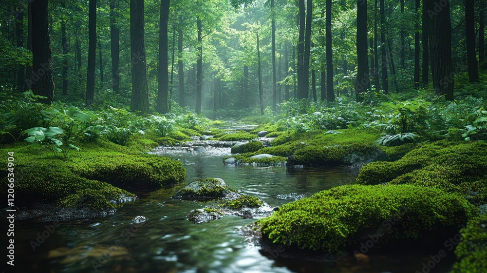 Obraz premium Enchanted Forest Stream: A Serene Escape into Nature's Embrace