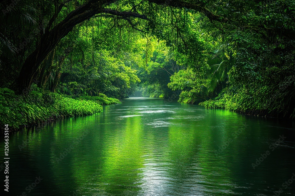 Lush green jungle with vines hanging from the trees and a river winding through, the scene vibrant and full of life, inviting exploration. Lush green jungle with vines hanging from the trees and a river winding through, the scene vibrant and full of life, inviting exploration.