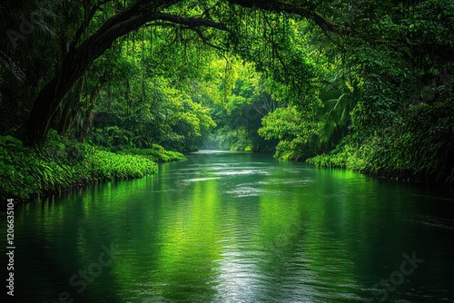 Lush green jungle with vines hanging from the trees and a river winding through, the scene vibrant and full of life, inviting exploration.