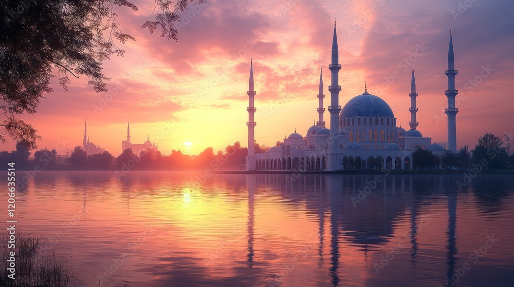 Fototapeta premium Majestic Mosque at Sunrise: A Serene Reflection