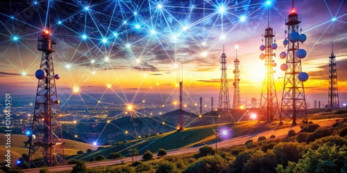 5G signals blanket the landscape; an aerial perspective showcasing the extensive global cellular network infrastructure.