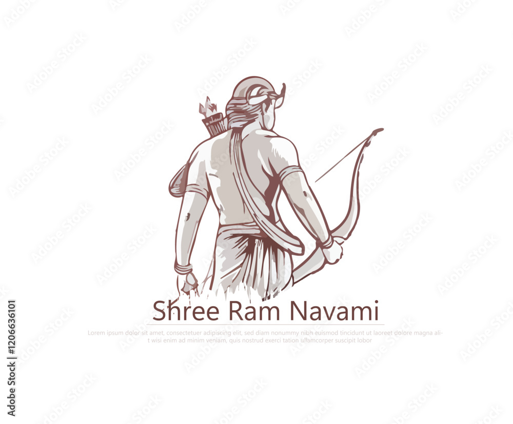Obraz premium An artistic depiction of Lord Rama standing mightily with a bow on a mountain peak