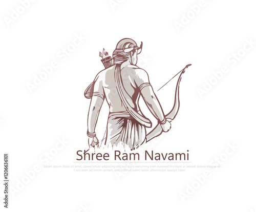 An artistic depiction of Lord Rama standing mightily with a bow on a mountain peak