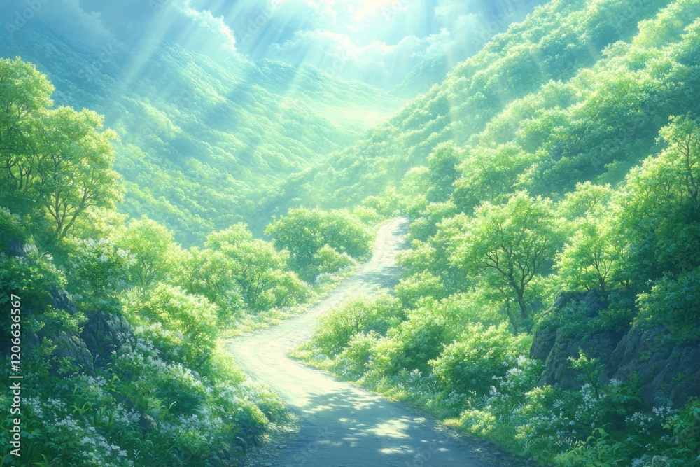 Fototapeta premium Majestic Mountain Landscape: Sun Rays Filtering Through Lush Foliage in Soft Sunrise Glow