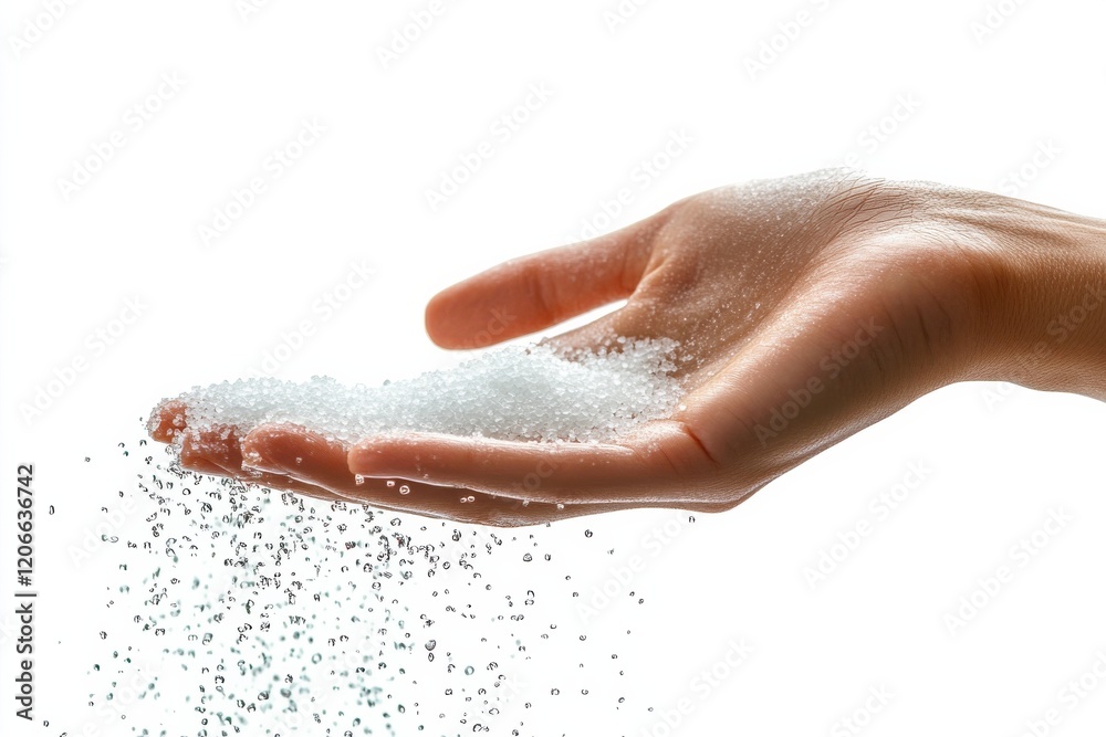 Fototapeta premium Hand Pouring Salt on White Surface in Studio Lighting