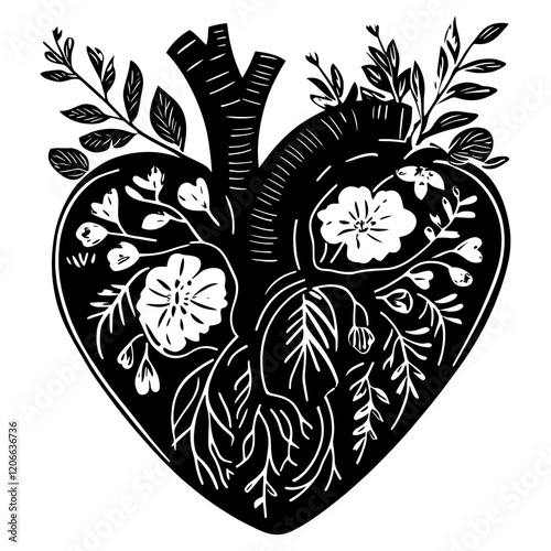 Linocut heart with floral pattern illustration graphics vector