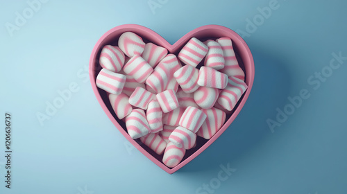 A heart-shaped box filled with pink and white marshmallows sits on a blue background. The 3D illustration, with sharp focus and vibrant lighting, brings out the fun and sweet theme of Valentine's Day.