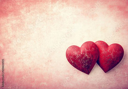 Two red paper hearts on a pink background, symbolizing love and affection. This minimalist setup is ideal for Valentine's Day concepts, with ample space for adding text or messages.