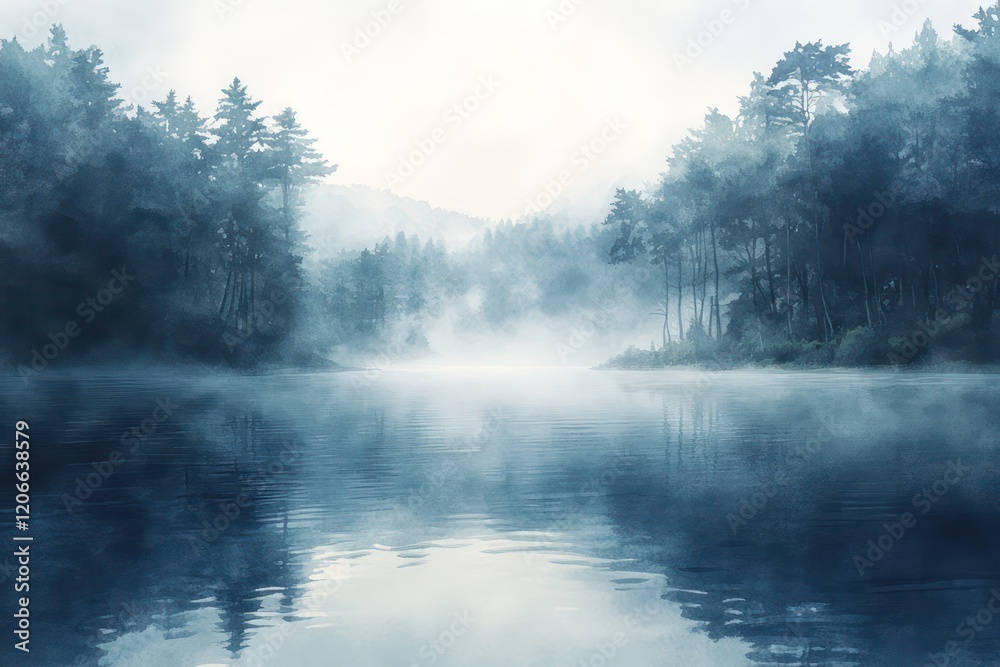 Misty morning on a tranquil lake surrounded by a dense forest, the scene painted in muted watercolor tones. Misty morning on a tranquil lake surrounded by a dense forest, the scene painted in muted watercolor tones.