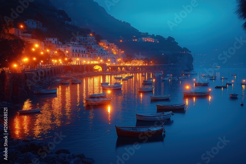Nighttime view of illuminated waterfront with boats and buildings along the coast photo