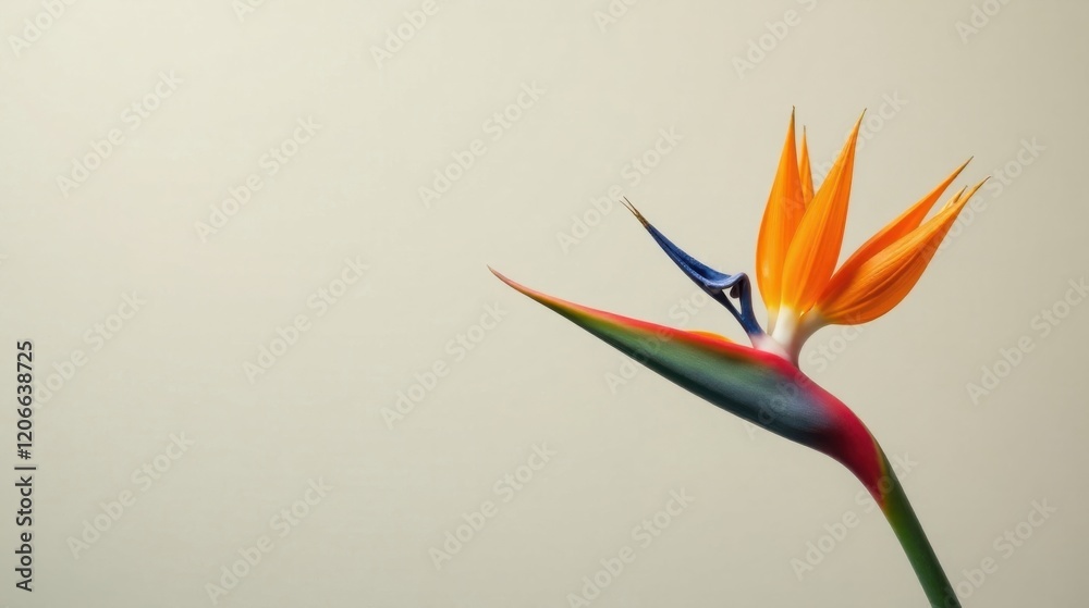 Fototapeta premium A Vibrant Bird of Paradise Flower on a Neutral Background, Displaying its Striking Colors and Unique Shape, a Symbol of Beauty and Elegance