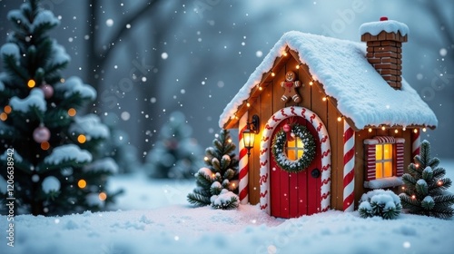 A whimsical winter scene featuring a charming snow-covered gingerbread house adorned with festive lights, nestled amongst miniature evergreen trees in a snowy landscape.