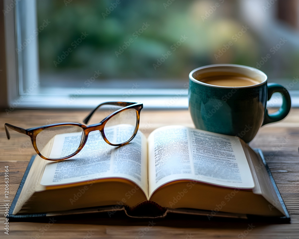 Cozy reading nook scene featuring an open book, eyeglasses, and a warm cup of coffee near a window. Perfect for blogs, websites, or articles about reading, relaxation, or cozy autumn vibes. Cozy reading nook scene featuring an open book, eyeglasses, and a warm cup of coffee near a window. Perfect for blogs, websites, or articles about reading, relaxation, or cozy autumn vibes.