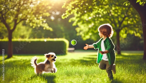 Joyful Child Playing Fetch with Dog in Sunny Park photo