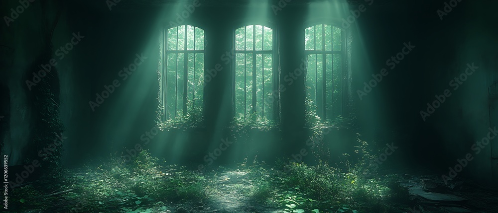 Obraz premium Sunbeams in overgrown ruin