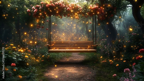 Enchanting swing in a magical rose garden.