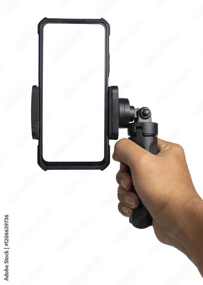 male hand holding a tripod with blank screen smartphone vertical isolated on transparent background male hand holding a tripod with blank screen smartphone vertical isolated on transparent background