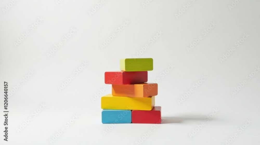 Obraz premium A colorful stack of rectangular wooden blocks arranged in a playful, unstable tower against a plain white background.