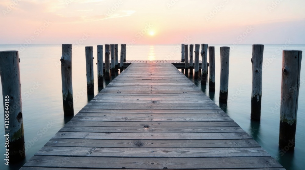 Obraz premium Serene Sunset Vista Wooden Dock Extending to a Calm Ocean Horizon at Eventide