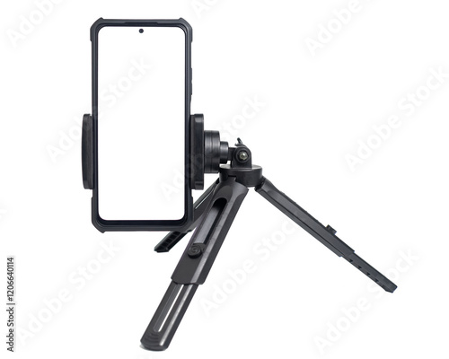 mini tripod stand with blank screen phone vertical on transparent background photo