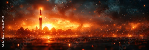 Fiery Sunset Over a Mosque Cityscape