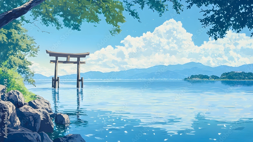Serene Lake View with Torii Gate and Mountain Background