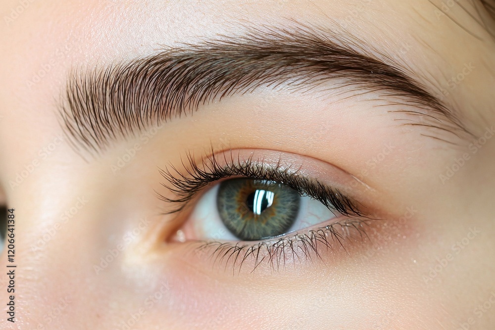 Obraz premium Close-up of a woman's eye with perfectly shaped eyebrows and long lashes. Ideal for beauty, cosmetics, and eye care advertising, showcasing eyebrow and lash enhancements.