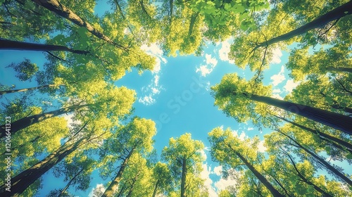 Bottom-up view green forest canopy. Climate change. Natural green biodiversity ecosystem background