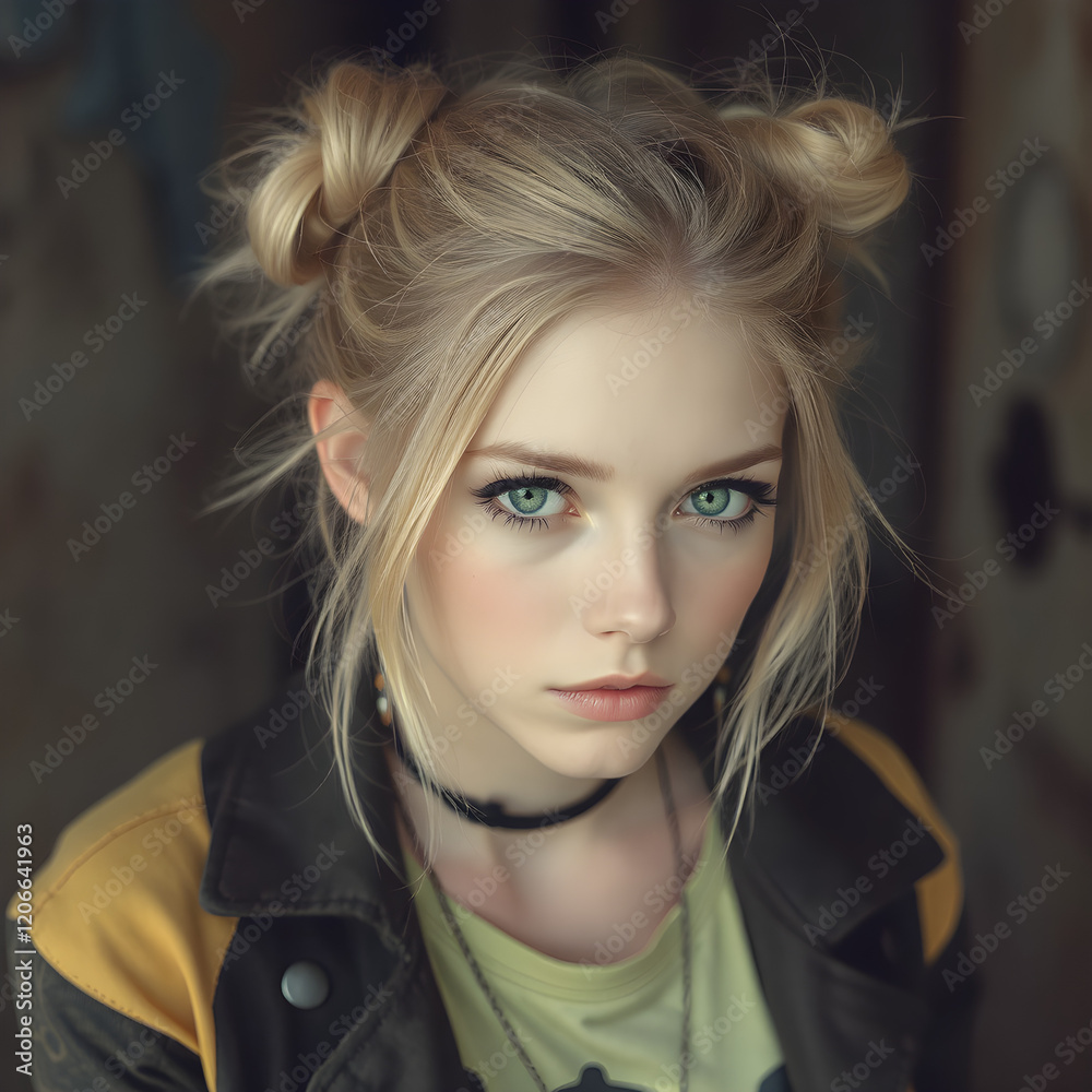 Mujer rubia con un chongo elevado y una actitud moderna. Mujer rubia con un chongo elevado y una actitud moderna.
