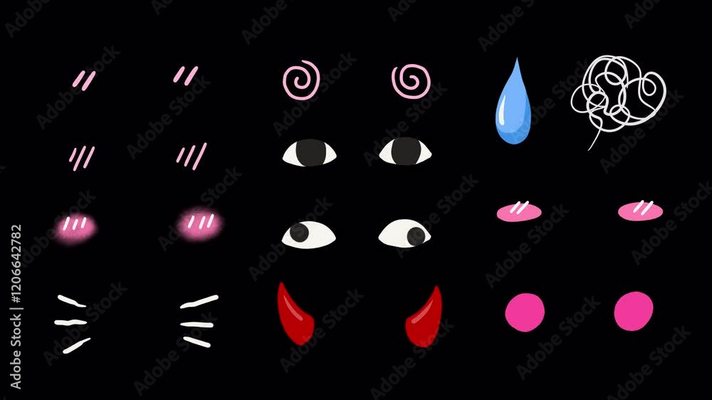 Set of anime cute shy pink cheek effect symbols, wiggle, animation stickers, funny weird eyes, sweat, confused mess up symbol, evil horns, on a transparent background 